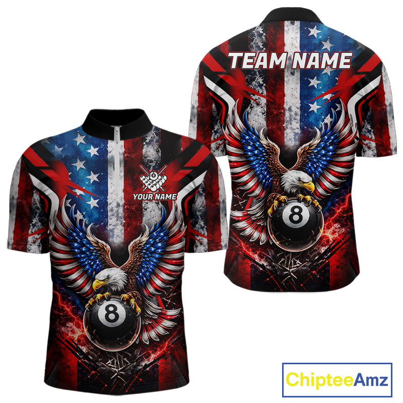 Vintage American Flag Eagle 8 Ball Billiard Shirt For Men Custom Pool Team Jersey Polo & 1/4 Zip TDM5991