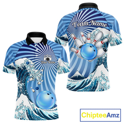 Custom Blue Funny Waves Ocean Bowling Shirt For Men, Bowling Team Jersey Polo & 1/4 Zip TDM6223
