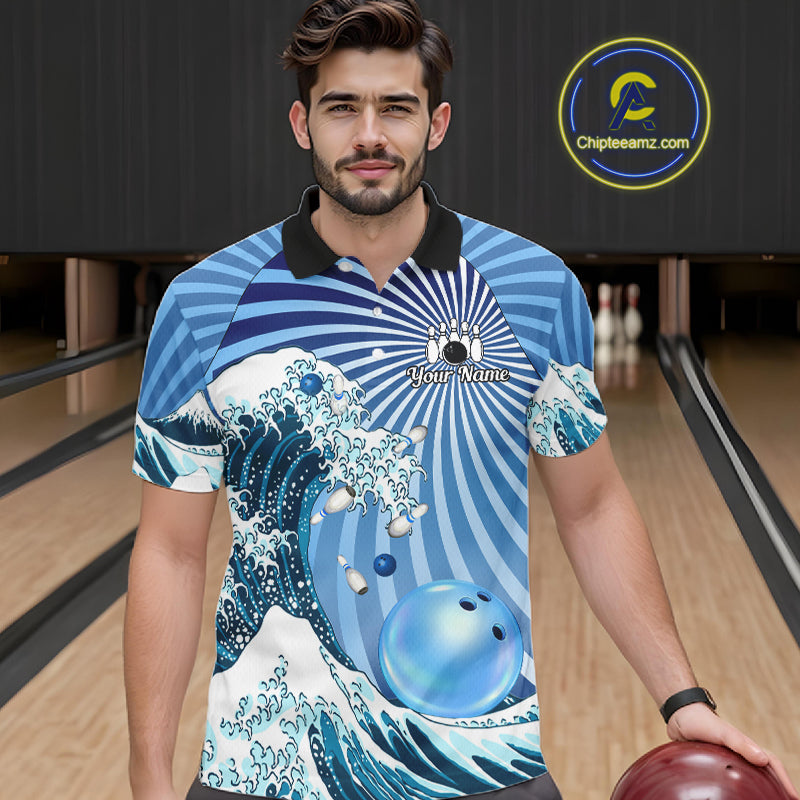 Custom Blue Funny Waves Ocean Bowling Shirt For Men, Bowling Team Jersey Polo & 1/4 Zip TDM6223