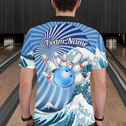 Custom Blue Funny Waves Ocean Bowling Shirt For Men, Bowling Team Jersey Polo & 1/4 Zip TDM6223