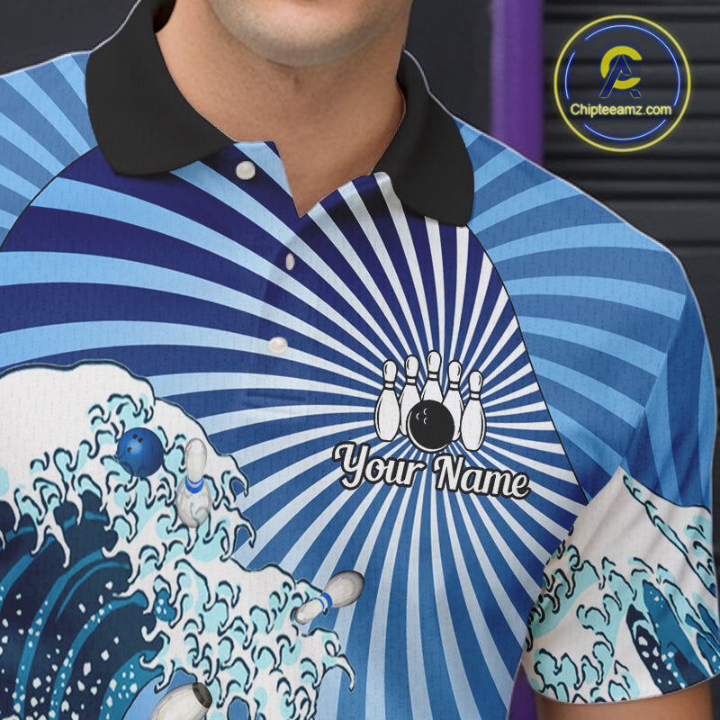 Custom Blue Funny Waves Ocean Bowling Shirt For Men, Bowling Team Jersey Polo & 1/4 Zip TDM6223