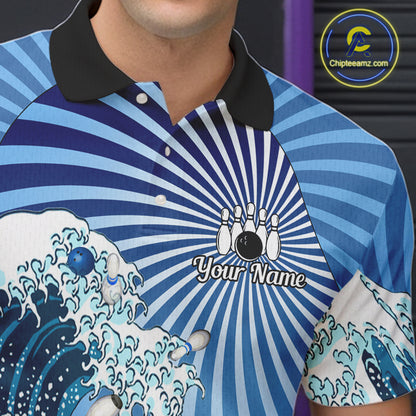 Custom Blue Funny Waves Ocean Bowling Shirt For Men, Bowling Team Jersey Polo & 1/4 Zip TDM6223
