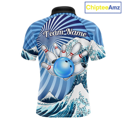 Custom Blue Funny Waves Ocean Bowling Shirt For Men, Bowling Team Jersey Polo & 1/4 Zip TDM6223