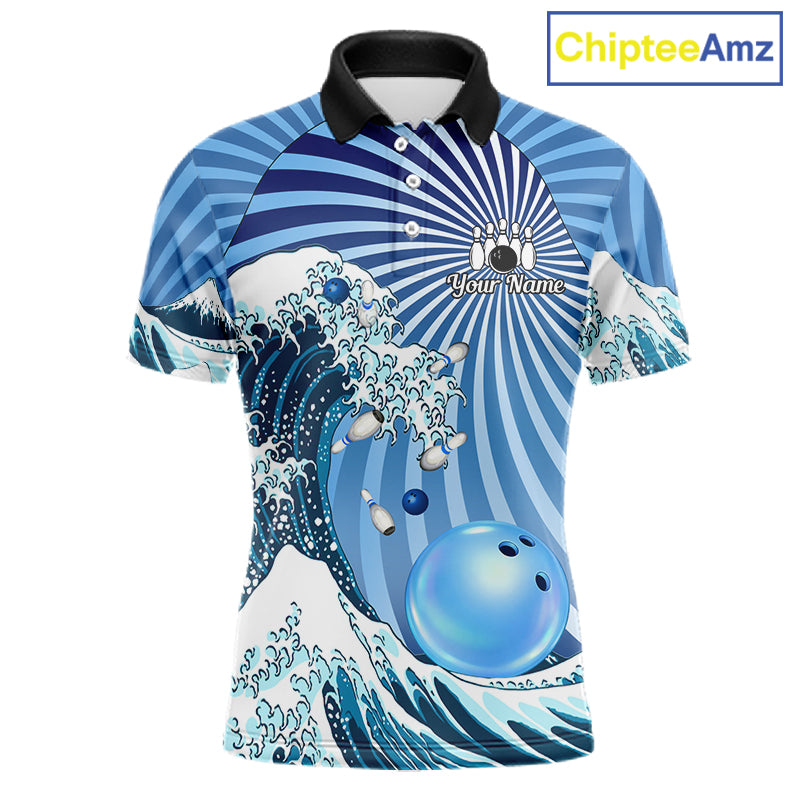 Custom Blue Funny Waves Ocean Bowling Shirt For Men, Bowling Team Jersey Polo & 1/4 Zip TDM6223
