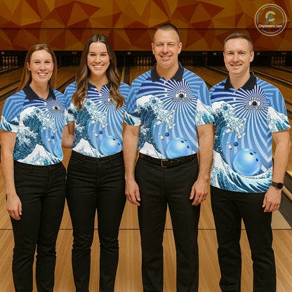 Custom Blue Funny Waves Ocean Bowling Shirt For Men, Bowling Team Jersey Polo & 1/4 Zip TDM6223