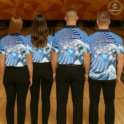 Custom Blue Funny Waves Ocean Bowling Shirt For Men, Bowling Team Jersey Polo & 1/4 Zip TDM6223