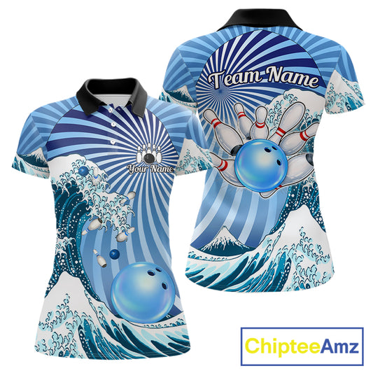 Custom Blue Funny Waves Ocean Bowling Shirt For Women, Bowling Team Jersey Polo & 1/4 Zip TDM6223