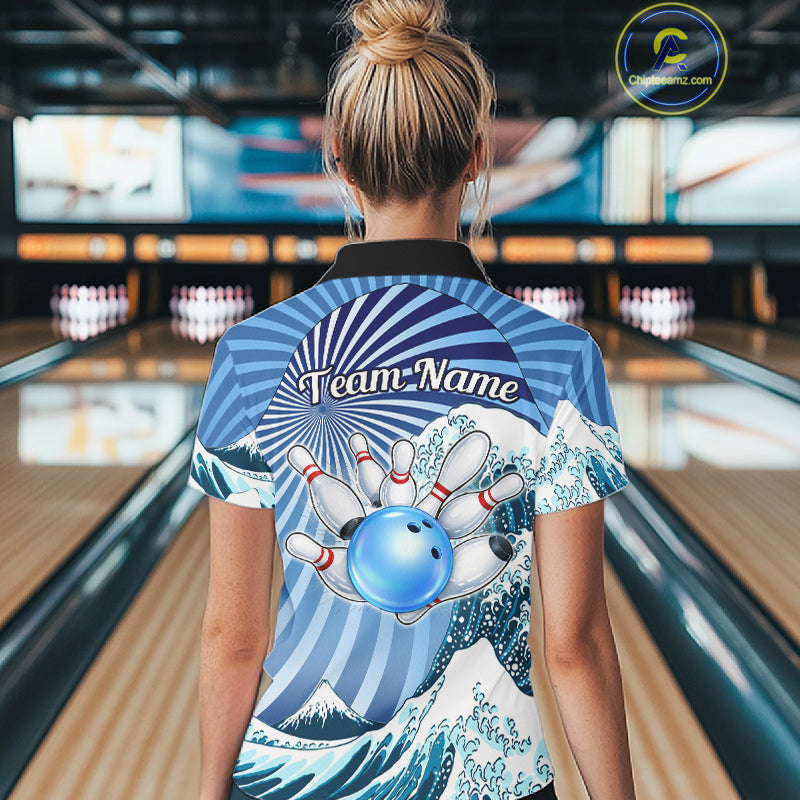 Custom Blue Funny Waves Ocean Bowling Shirt For Women, Bowling Team Jersey Polo & 1/4 Zip TDM6223