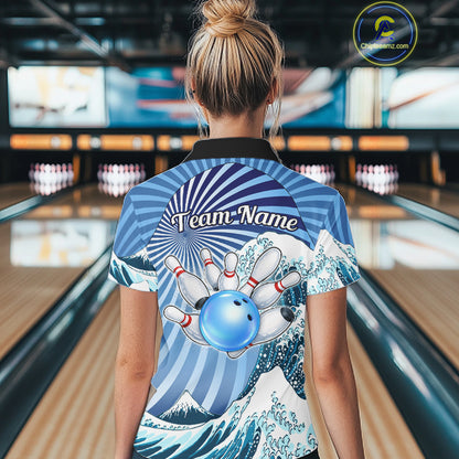 Custom Blue Funny Waves Ocean Bowling Shirt For Women, Bowling Team Jersey Polo & 1/4 Zip TDM6223