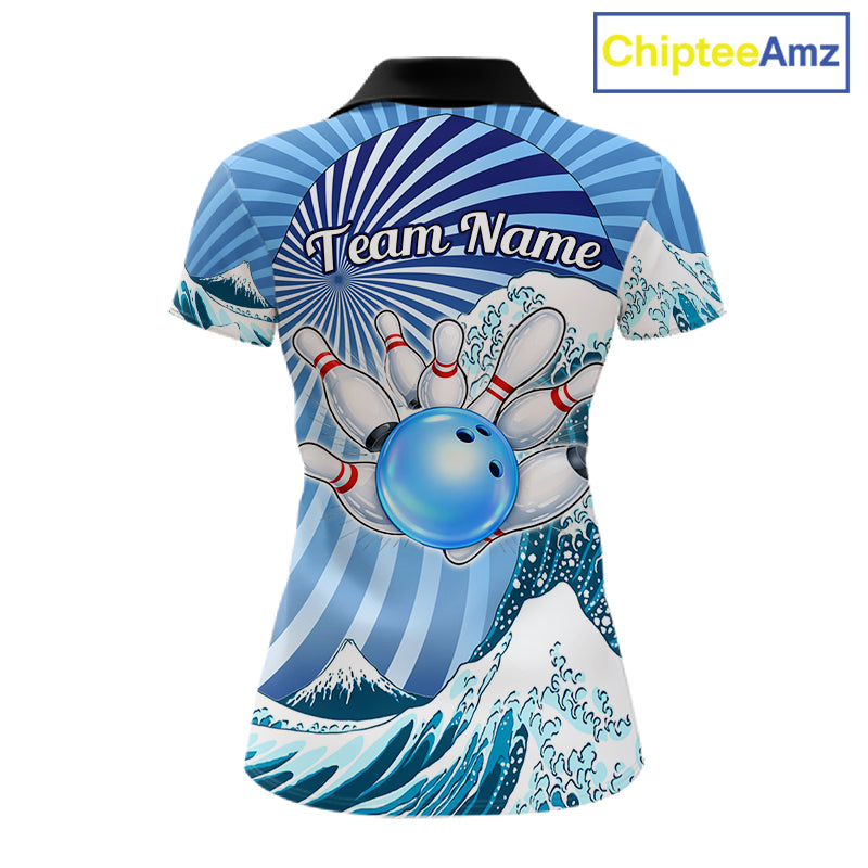 Custom Blue Funny Waves Ocean Bowling Shirt For Women, Bowling Team Jersey Polo & 1/4 Zip TDM6223