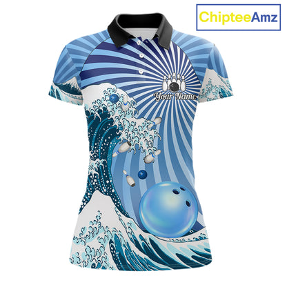 Custom Blue Funny Waves Ocean Bowling Shirt For Women, Bowling Team Jersey Polo & 1/4 Zip TDM6223