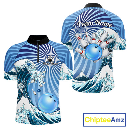 Custom Blue Funny Waves Ocean Bowling Shirt For Men, Bowling Team Jersey Polo & 1/4 Zip TDM6223