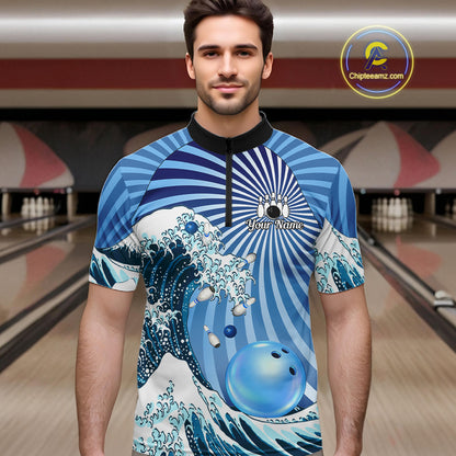 Custom Blue Funny Waves Ocean Bowling Shirt For Men, Bowling Team Jersey Polo & 1/4 Zip TDM6223