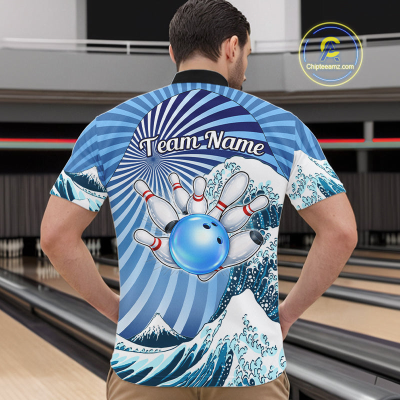 Custom Blue Funny Waves Ocean Bowling Shirt For Men, Bowling Team Jersey Polo & 1/4 Zip TDM6223