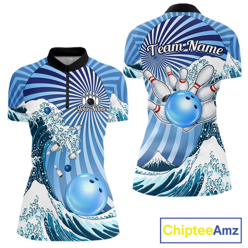 Custom Blue Funny Waves Ocean Bowling Shirt For Women, Bowling Team Jersey Polo & 1/4 Zip TDM6223