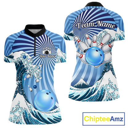 Custom Blue Funny Waves Ocean Bowling Shirt For Women, Bowling Team Jersey Polo & 1/4 Zip TDM6223