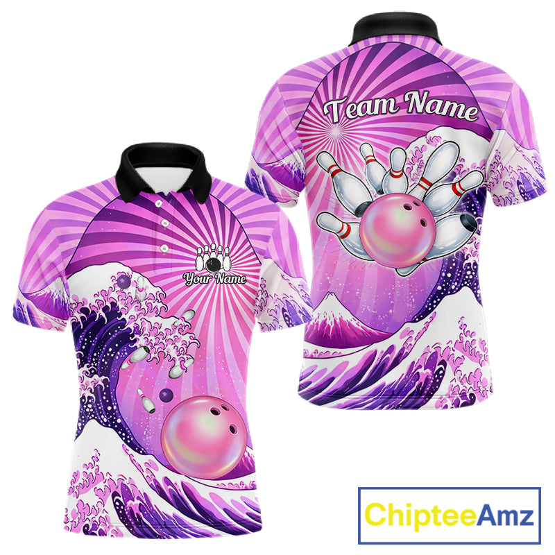 Pink And Purple Funny Waves Ocean Bowling Shirt For Men Custom Bowling Jersey Polo & 1/4 Zip TDM6224