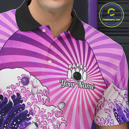 Pink And Purple Funny Waves Ocean Bowling Shirt For Men Custom Bowling Jersey Polo & 1/4 Zip TDM6224