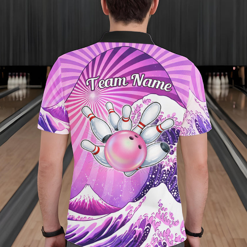 Pink And Purple Funny Waves Ocean Bowling Shirt For Men Custom Bowling Jersey Polo & 1/4 Zip TDM6224