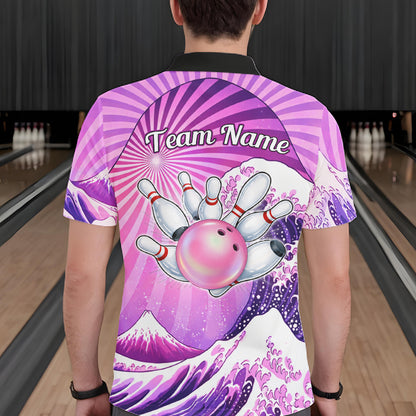 Pink And Purple Funny Waves Ocean Bowling Shirt For Men Custom Bowling Jersey Polo & 1/4 Zip TDM6224