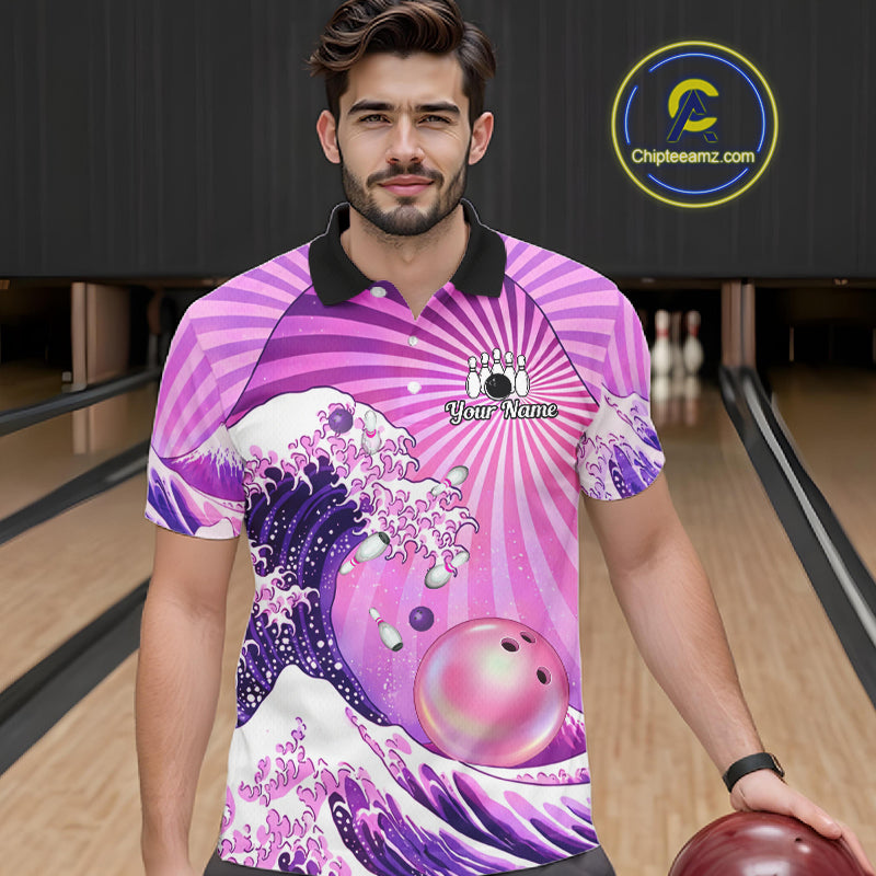 Pink And Purple Funny Waves Ocean Bowling Shirt For Men Custom Bowling Jersey Polo & 1/4 Zip TDM6224