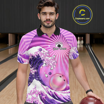 Pink And Purple Funny Waves Ocean Bowling Shirt For Men Custom Bowling Jersey Polo & 1/4 Zip TDM6224
