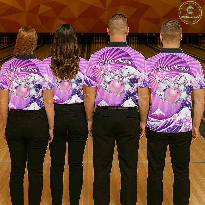 Pink And Purple Funny Waves Ocean Bowling Shirt For Women Custom Bowling Jersey Polo & 1/4 Zip TDM6224
