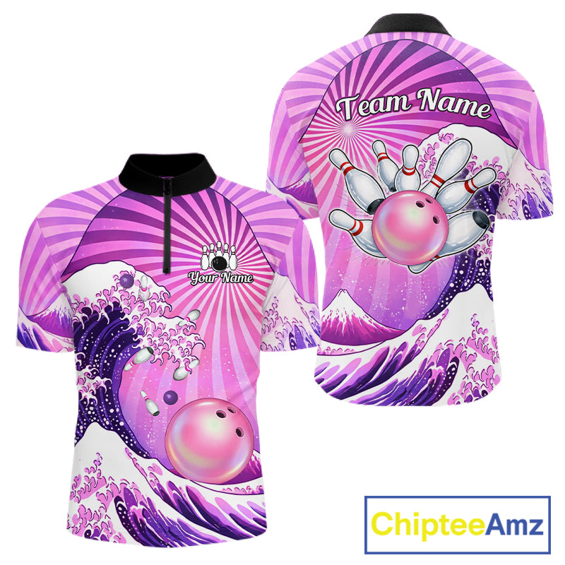 Pink And Purple Funny Waves Ocean Bowling Shirt For Men Custom Bowling Jersey Polo & 1/4 Zip TDM6224