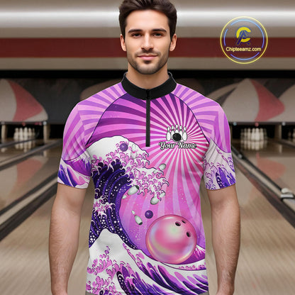 Pink And Purple Funny Waves Ocean Bowling Shirt For Men Custom Bowling Jersey Polo & 1/4 Zip TDM6224