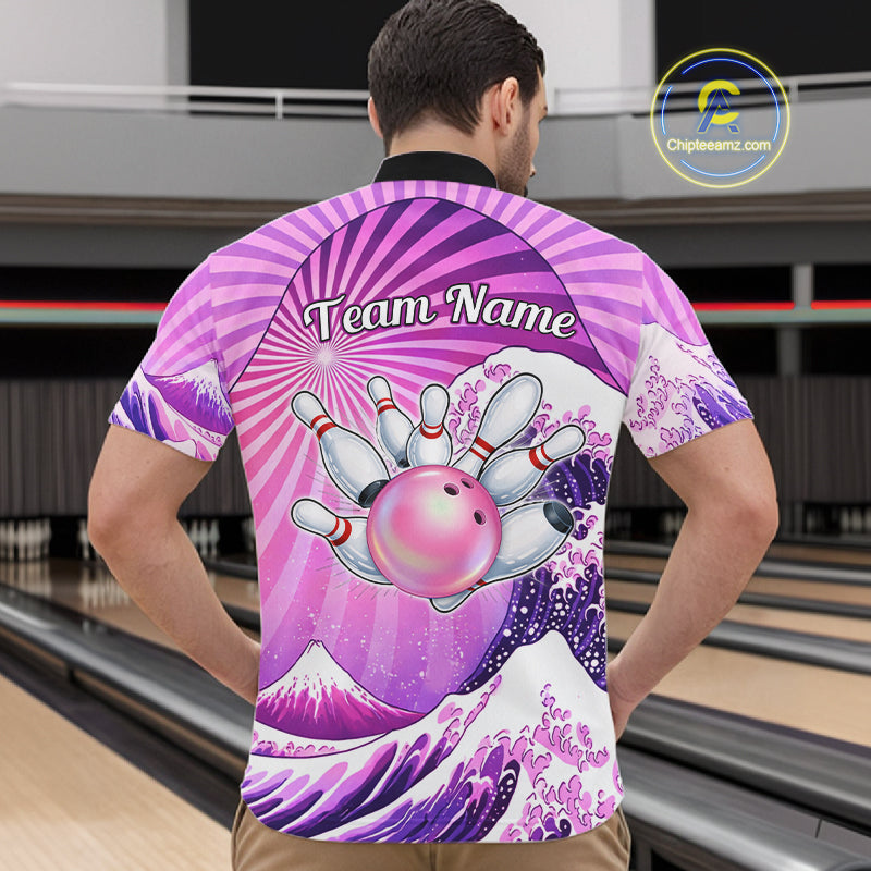 Pink And Purple Funny Waves Ocean Bowling Shirt For Men Custom Bowling Jersey Polo & 1/4 Zip TDM6224