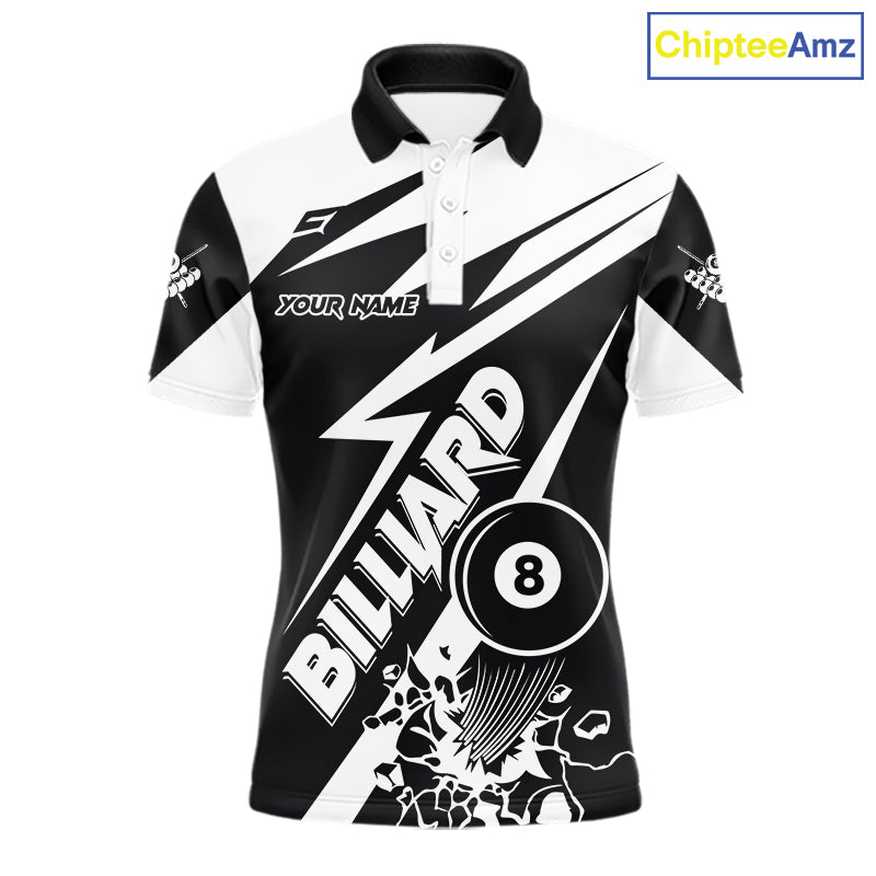 Men’s funny black and white 8 ball pool polo shirt with playful billiard team graphics.