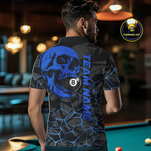 Load image into Gallery viewer, Back view of man wearing a blue skull pool team shirt in a billiards hall.