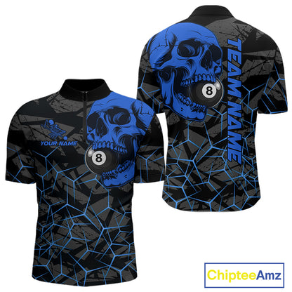 Men’s blue skull 8 ball billiard quarter zip shirt for tournaments and competitive matches.