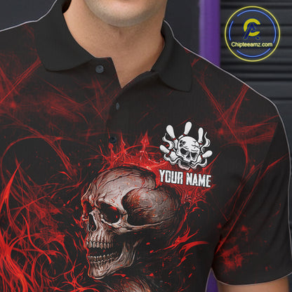 Red Flaming Skull Bowling Shirts For Men Custom Fire Bowling Team Jersey Polo & Quarter Zip TDM5617