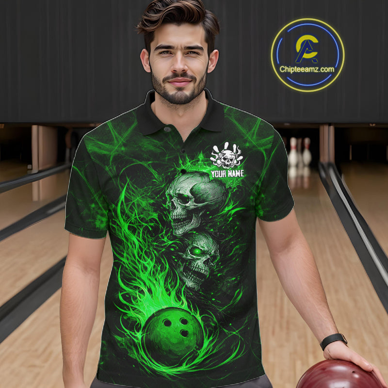 Green Flaming Skull Bowling Shirts For Men Custom Fire Bowling Team Jersey Polo & Quarter Zip TDM5618