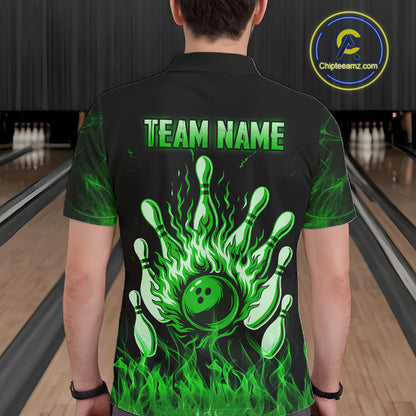 Green Flaming Skull Bowling Shirts For Men Custom Fire Bowling Team Jersey Polo & Quarter Zip TDM5618