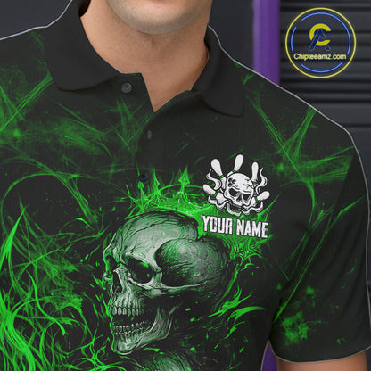 Green Flaming Skull Bowling Shirts For Men Custom Fire Bowling Team Jersey Polo & Quarter Zip TDM5618