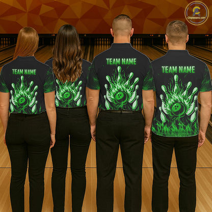 Green Flaming Skull Bowling Shirts For Women Custom Fire Bowling Team Jersey Polo & Quarter Zip TDM5618