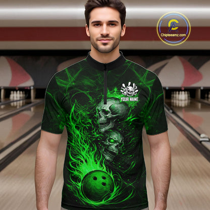 Green Flaming Skull Bowling Shirts For Men Custom Fire Bowling Team Jersey Polo & Quarter Zip TDM5618