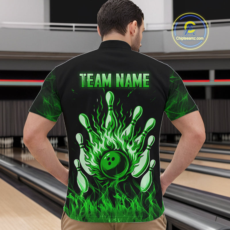 Green Flaming Skull Bowling Shirts For Men Custom Fire Bowling Team Jersey Polo & Quarter Zip TDM5618