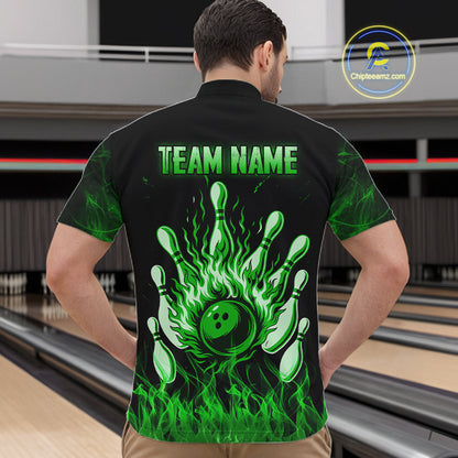 Green Flaming Skull Bowling Shirts For Men Custom Fire Bowling Team Jersey Polo & Quarter Zip TDM5618