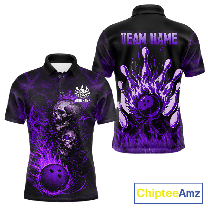 Purple Flaming Skull Bowling Shirts For Men Custom Fire Bowling Team Jersey Polo & Quarter Zip TDM5619