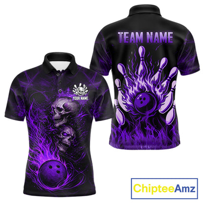 Purple Flaming Skull Bowling Shirts For Men Custom Fire Bowling Team Jersey Polo & Quarter Zip TDM5619