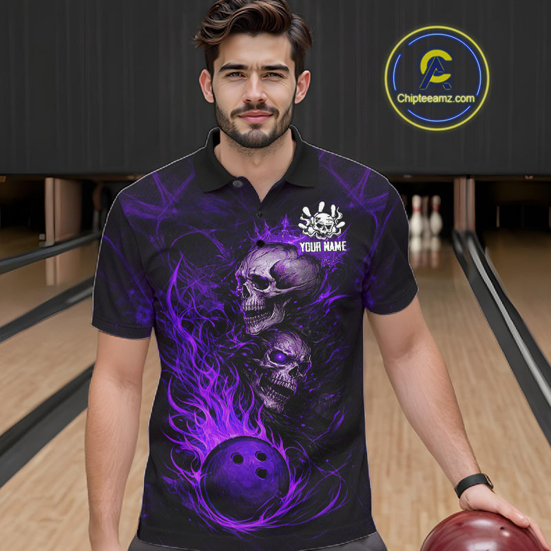 Purple Flaming Skull Bowling Shirts For Men Custom Fire Bowling Team Jersey Polo & Quarter Zip TDM5619