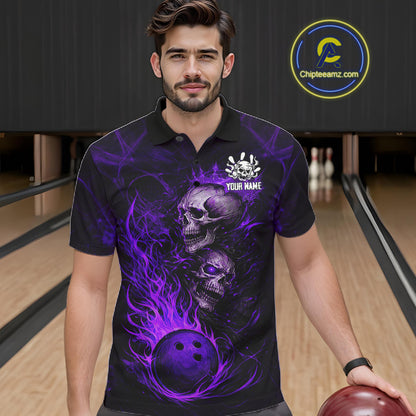 Purple Flaming Skull Bowling Shirts For Men Custom Fire Bowling Team Jersey Polo & Quarter Zip TDM5619