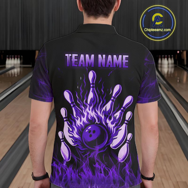Purple Flaming Skull Bowling Shirts For Men Custom Fire Bowling Team Jersey Polo & Quarter Zip TDM5619