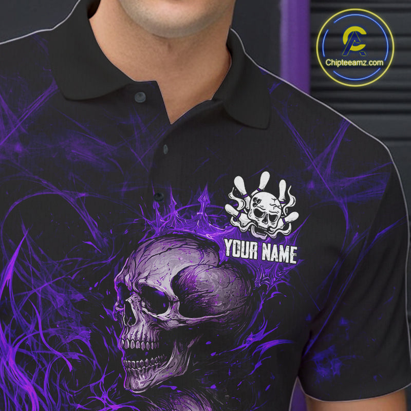 Purple Flaming Skull Bowling Shirts For Men Custom Fire Bowling Team Jersey Polo & Quarter Zip TDM5619