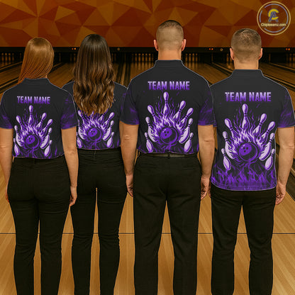 Purple Flaming Skull Bowling Shirts For Women Custom Fire Bowling Team Jersey Polo & Quarter Zip TDM5619