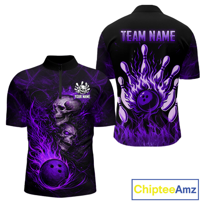 Purple Flaming Skull Bowling Shirts For Men Custom Fire Bowling Team Jersey Polo & Quarter Zip TDM5619