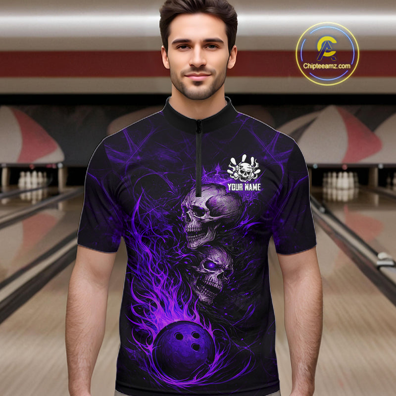 Purple Flaming Skull Bowling Shirts For Men Custom Fire Bowling Team Jersey Polo & Quarter Zip TDM5619